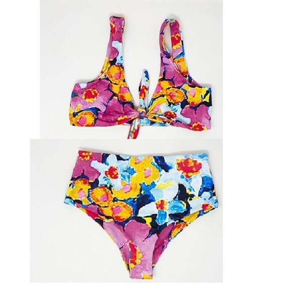 Watercolor Floral Abstract Print Hi Waisted Bikini - Picture 1 of 14